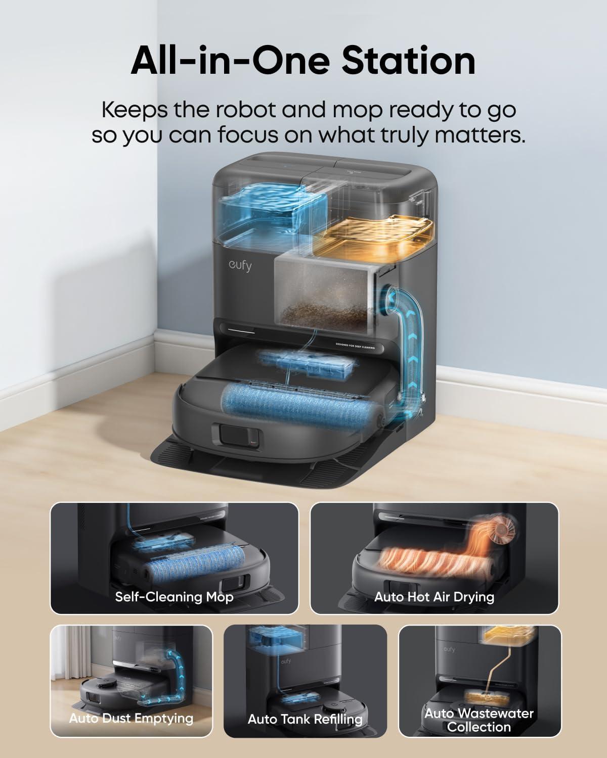 imageeufy X10 Pro Omni Robot Vacuum and Mop Combo 8000 Pa Dual Mops with 12 mm AutoLift and Carpet Detection AI Obstacle Avoidance Auto Mop WashingampDrying SelfEmptying Whiteeufy C28
