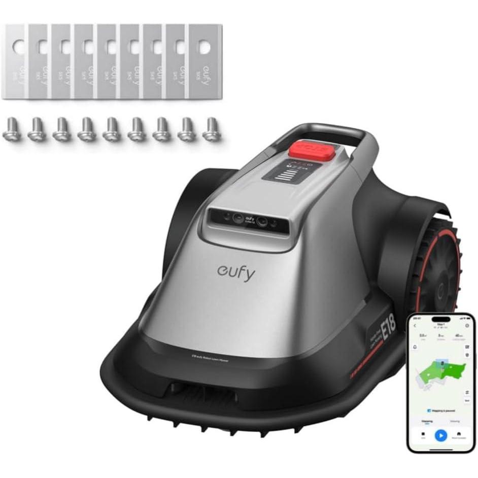 imageeufy E18 Robot Lawn MowerMax 03 AcresWireless Robot Mower with Auto MappingVision NavigationMultiZone Management Official Accessories Replacement Blades Box with 39 Lawn Mower Blades and 9