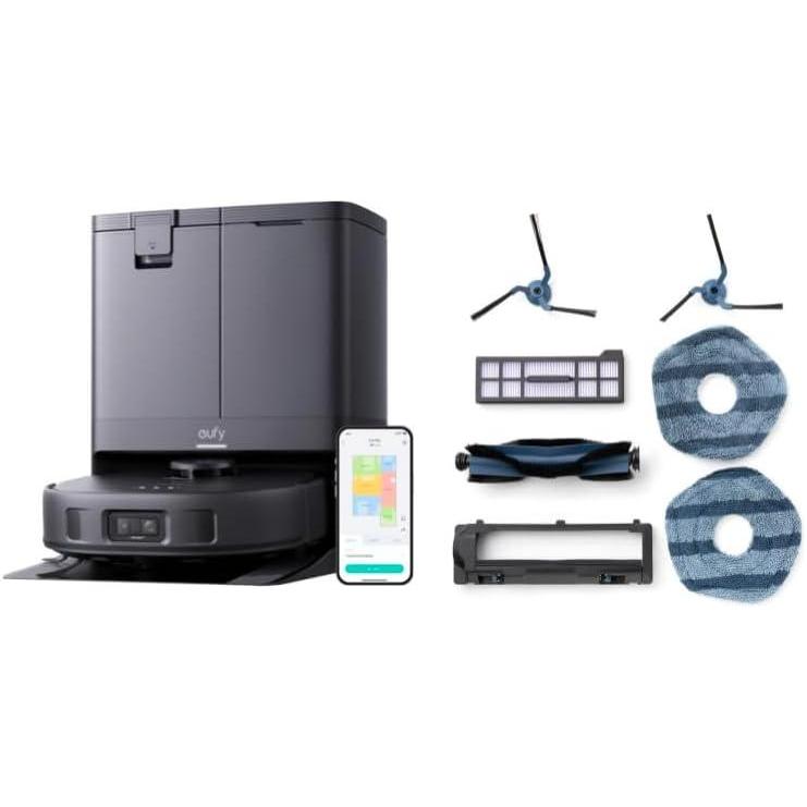imageeufy X10 Pro Omni Robot Vacuum and Mop Combo 8000 Pa Suction Official Replacement Parts Kit Roller Brush with Bristles and Rubber Brush Guard 2 Side Brushes Washable Filter and 2 Mop Cloths01X10 and Replacement Parts Kit