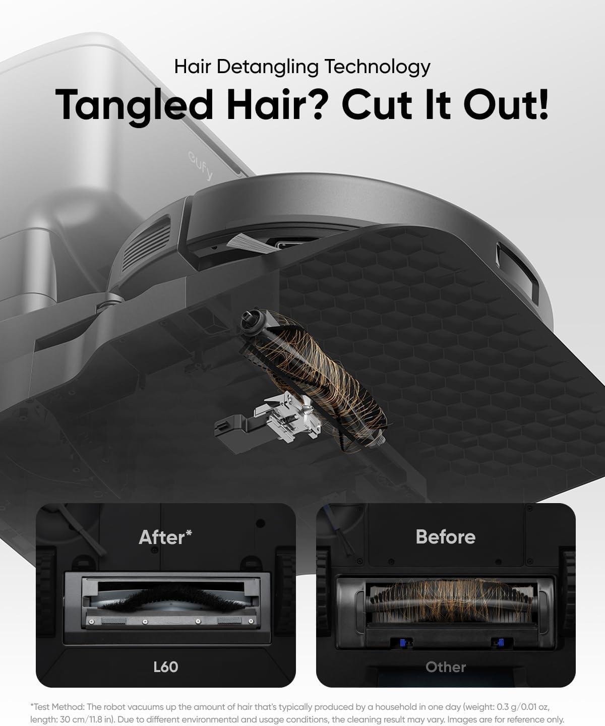 imageeufy L60 Hybrid Robot Vacuum with Self Empty Station Hair Detangling Technology Up to 60 Days of Hands Free Cleaning Ultra Strong 5000 Pa Suction to Remove Hair Dust Mop Pad