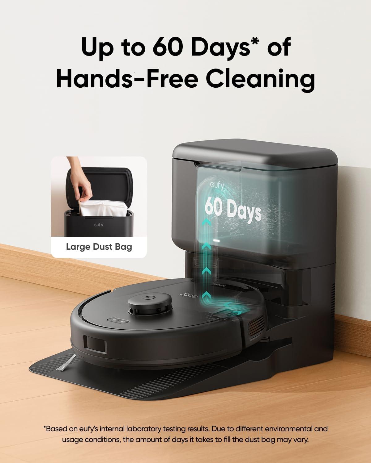 imageeufy L60 Hybrid Robot Vacuum with Self Empty Station Hair Detangling Technology Up to 60 Days of Hands Free Cleaning Ultra Strong 5000 Pa Suction to Remove Hair Dust Mop Pad
