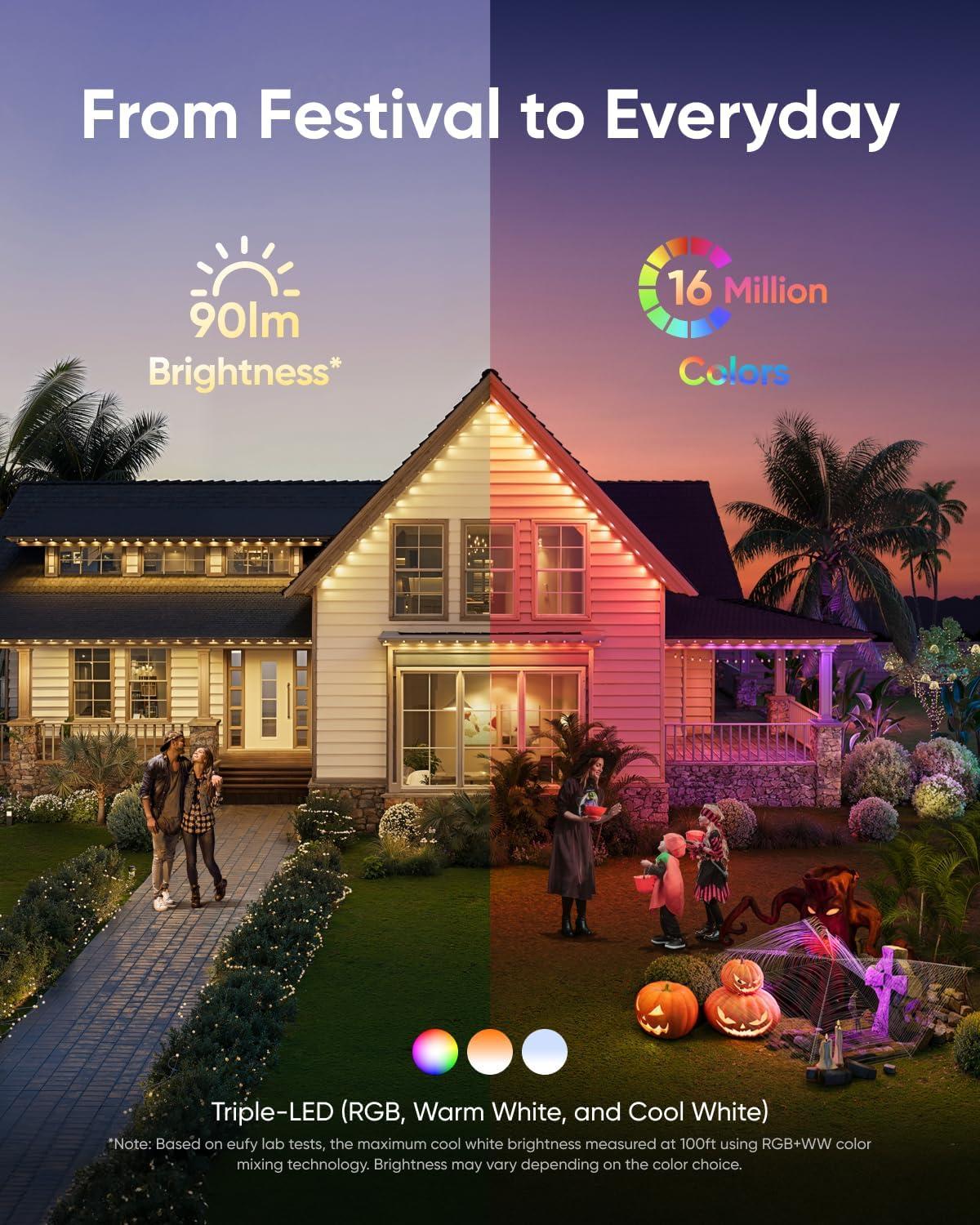 imageeufy Permanent Outdoor Lights E22 100ft with 60 TripleLED Lights Smart RGBWW for Christmas Daily and Holiday Up to IP67 Waterproof AI Light Themes for Christmas Decorations Works with eufy CamsWhite