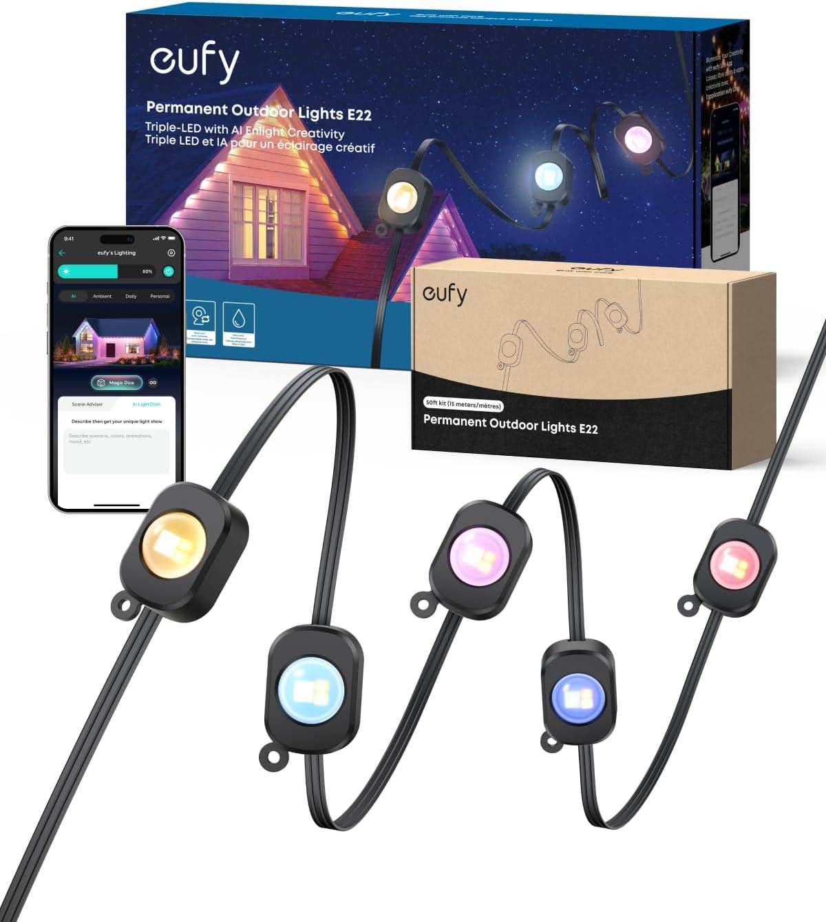 imageeufy Permanent Outdoor Lights E22 100ft with 60 TripleLED Lights Smart RGBWW for Christmas Daily and Holiday Up to IP67 Waterproof AI Light Themes for Christmas Decorations Works with eufy CamsBlack