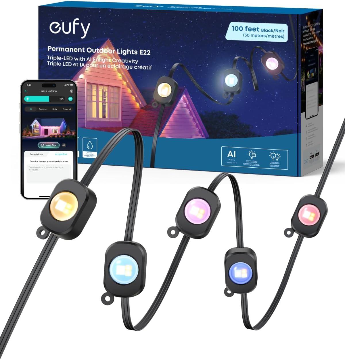 imageeufy Permanent Outdoor Lights E22 100ft with 60 TripleLED Lights Smart RGBWW for Christmas Daily and Holiday Up to IP67 Waterproof AI Light Themes for Christmas Decorations Works with eufy CamsBlack