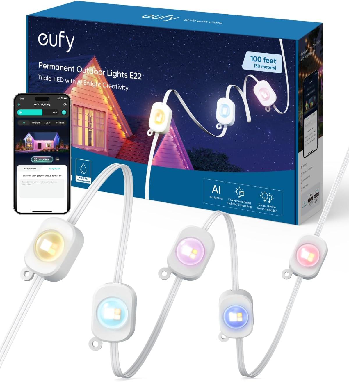 imageeufy Permanent Outdoor Lights E22 100ft with 60 TripleLED Lights Smart RGBWW for Christmas Daily and Holiday Up to IP67 Waterproof AI Light Themes for Christmas Decorations Works with eufy CamsWhite