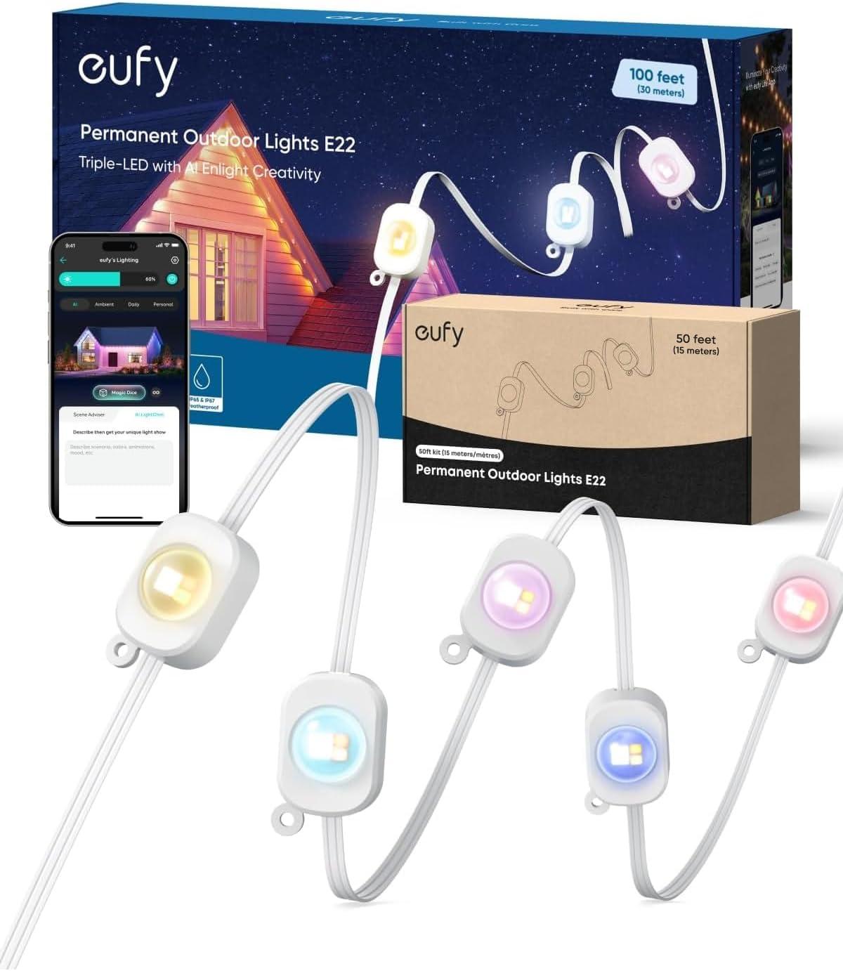 imageeufy Permanent Outdoor Lights E22 100ft with 60 TripleLED Lights Smart RGBWW for Christmas Daily and Holiday Up to IP67 Waterproof AI Light Themes for Christmas Decorations Works with eufy CamsWhite