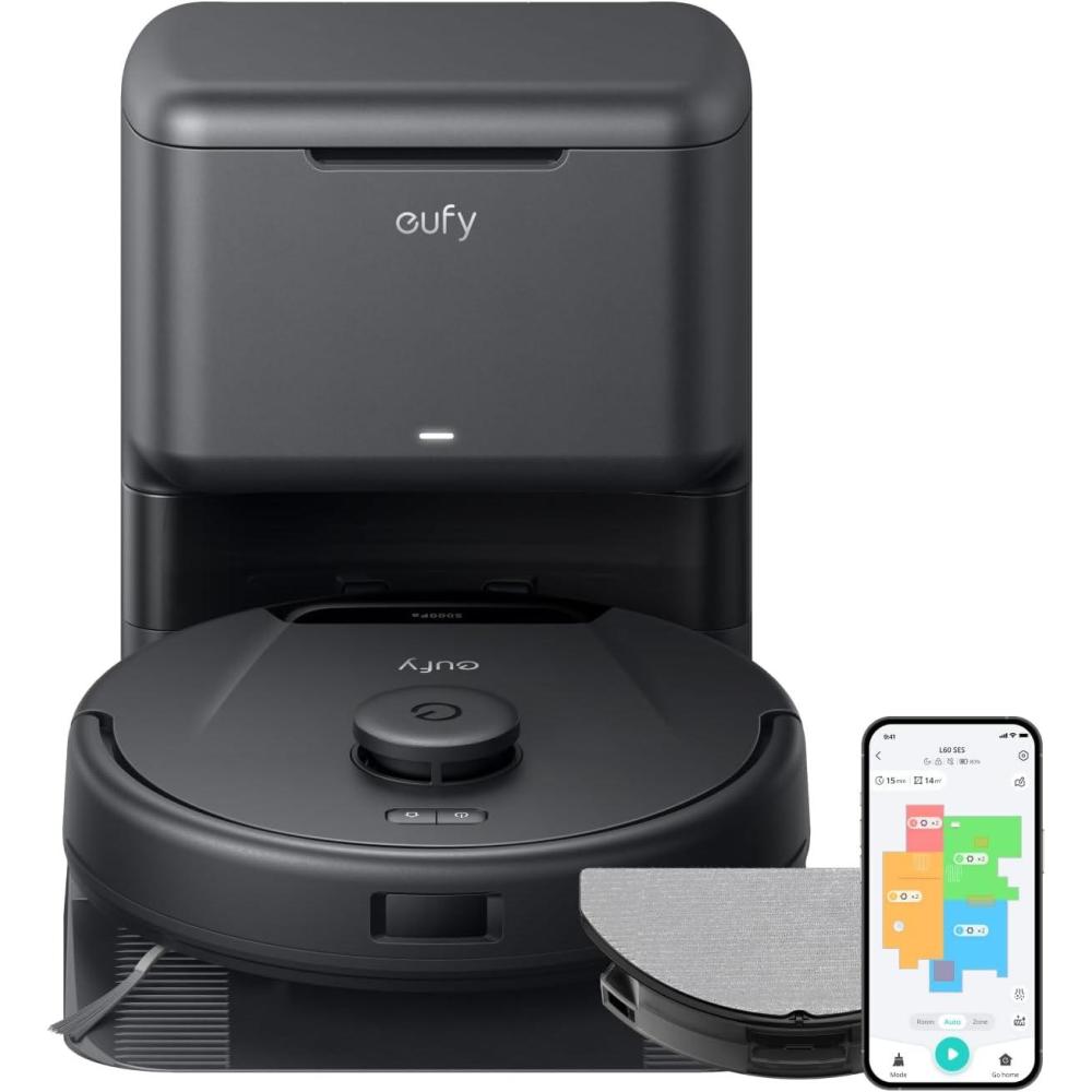 imageeufy L60 Hybrid Robot Vacuum with Self Empty Station Hair Detangling Technology Up to 60 Days of Hands Free Cleaning Ultra Strong 5000 Pa Suction to Remove Hair Dust Mop Pad