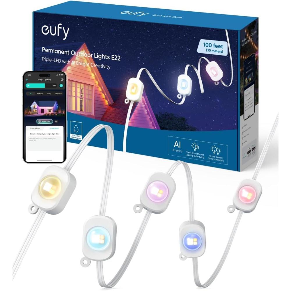 imageeufy Permanent Outdoor Lights E22 100ft with 60 TripleLED Lights Smart RGBWW for Christmas Daily and Holiday Up to IP67 Waterproof AI Light Themes for Christmas Decorations Works with eufy CamsWhite