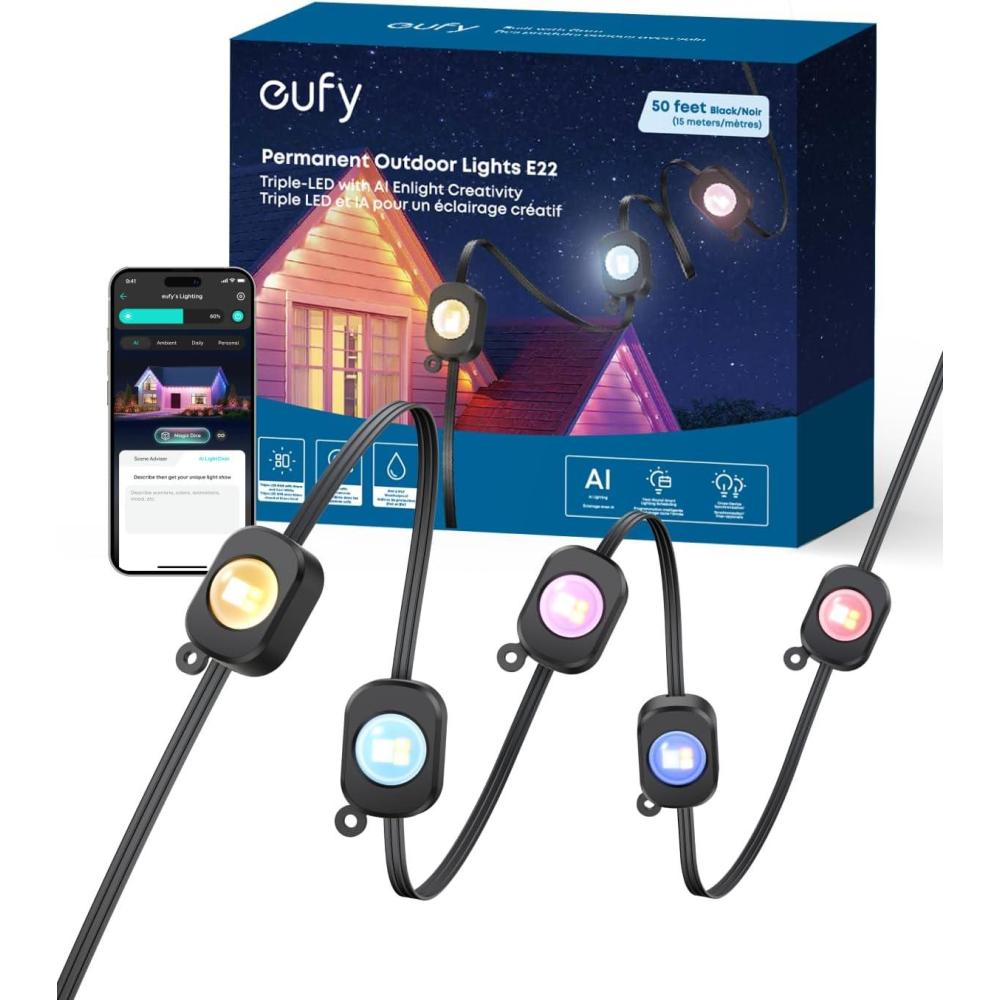 imageeufy Permanent Outdoor Lights E22 100ft with 60 TripleLED Lights Smart RGBWW for Christmas Daily and Holiday Up to IP67 Waterproof AI Light Themes for Christmas Decorations Works with eufy CamsBlack